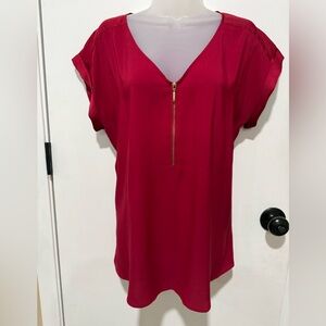 Express Red V-Neck Blouse with Zipper-#1183